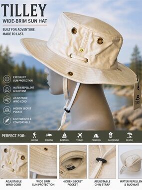 Cream Tilley size 7 1/8 Hat with wind cord Chin Strap